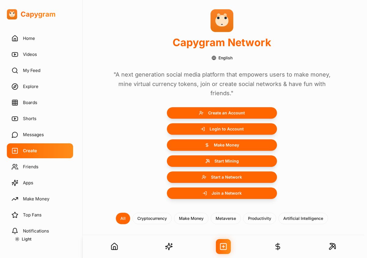 The Capygram Network home screen showing create account, make money, start mining and network buttons alongside its app directory